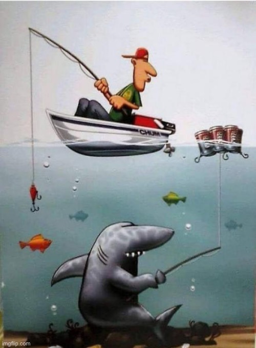 Two can play that game. | image tagged in repost,cartoon,fishing,bait,shark,man | made w/ Imgflip meme maker