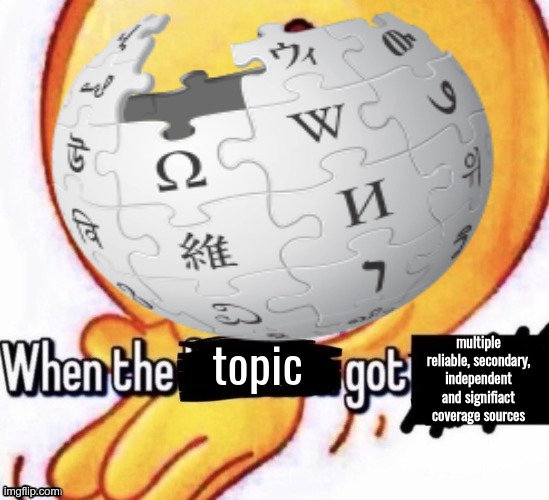 notability!?!?!?!?!? | multiple reliable, secondary, independent and signifiact coverage sources; topic | image tagged in when the x got x | made w/ Imgflip meme maker