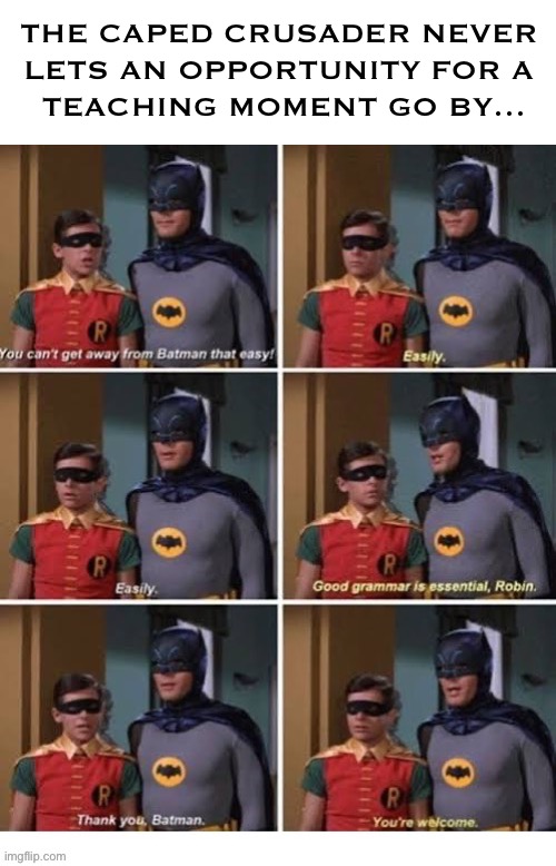 Knowledge is power… | THE CAPED CRUSADER NEVER 
LETS AN OPPORTUNITY FOR A 
TEACHING MOMENT GO BY… | image tagged in batman,robin,tv series,good grammar,important,correction | made w/ Imgflip meme maker
