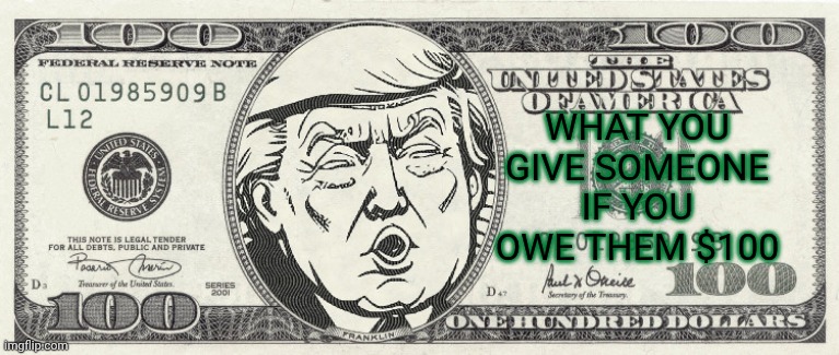 IOU | WHAT YOU GIVE SOMEONE IF YOU OWE THEM $100 | image tagged in donald trump money,money,donald trump,presidential alert,benjamin franklin,cash | made w/ Imgflip meme maker