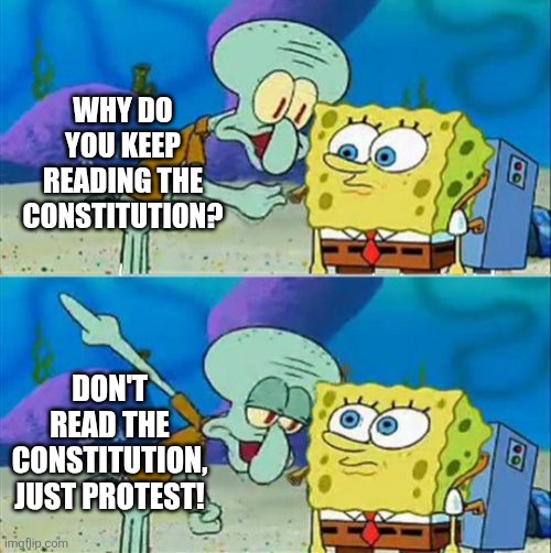 Why are you reading the constitution? - What are you, stupid? | WHY DO YOU KEEP READING THE CONSTITUTION? DON'T READ THE CONSTITUTION, JUST PROTEST! | image tagged in memes,talk to spongebob | made w/ Imgflip meme maker