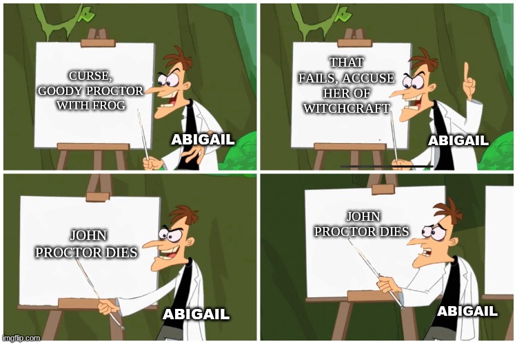 abigail the crucible | THAT FAILS, ACCUSE HER OF WITCHCRAFT; CURSE, GOODY PROCTOR WITH FROG; ABIGAIL; ABIGAIL; JOHN PROCTOR DIES; JOHN PROCTOR DIES; ABIGAIL; ABIGAIL | image tagged in doofenshmirtz plan | made w/ Imgflip meme maker