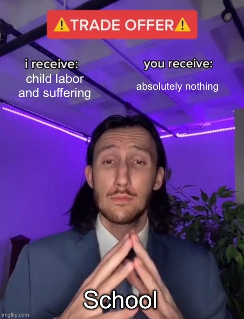:( | child labor and suffering; absolutely nothing; School | image tagged in trade offer | made w/ Imgflip meme maker