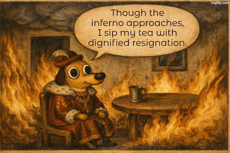 Hound amidst a conflagration. | Though the inferno approaches, I sip my tea with dignified resignation. | image tagged in this is fine,funny memes,memes,remake | made w/ Imgflip meme maker