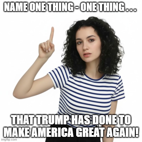 Name Thing Trump MAGA | NAME ONE THING - ONE THING . . . THAT TRUMP HAS DONE TO MAKE AMERICA GREAT AGAIN! | image tagged in name one thing,make america great again,i hate donald trump,trump sucks | made w/ Imgflip meme maker