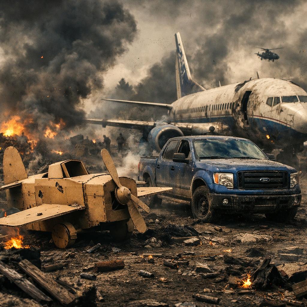 a flying card board plane, blue ford f-150 and a  flying boeng 7 Blank Meme Template