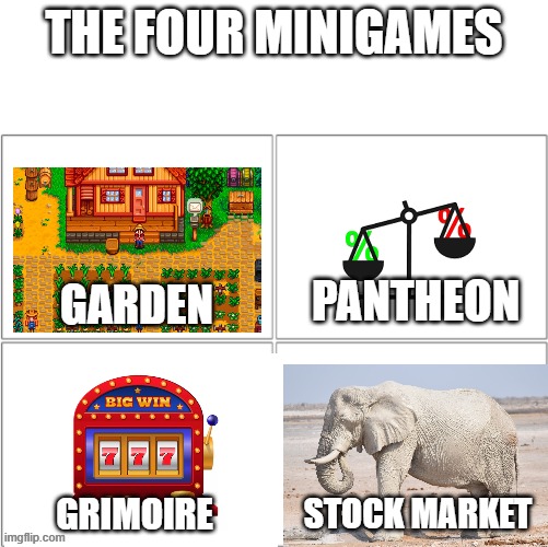Cookie Clicker Minigames in a Nutshell | THE FOUR MINIGAMES; PANTHEON; GARDEN; STOCK MARKET; GRIMOIRE | image tagged in the 4 horsemen of | made w/ Imgflip meme maker