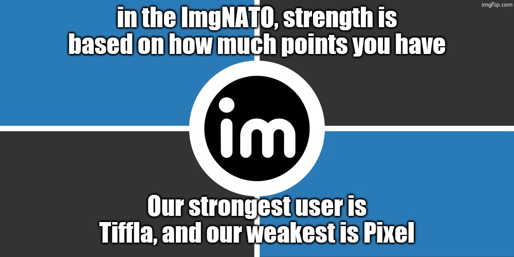 Flag of the ImgNATO by NouBlacksmith | in the ImgNATO, strength is based on how much points you have; Our strongest user is Tiffla, and our weakest is Pixel | image tagged in flag of the imgnato by noublacksmith | made w/ Imgflip meme maker