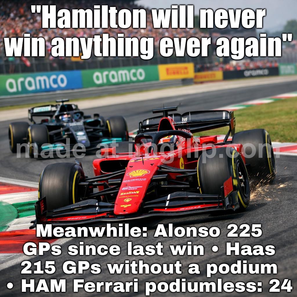 Meanwhile Hamilton: 7× WDC, 100+ wins, 100+ poles — still collecting trophies | "Hamilton will never win anything ever again"; Meanwhile: Alonso 225 GPs since last win • Haas 215 GPs without a podium • HAM Ferrari podiumless: 24 | image tagged in formula one,trophy,motorsport,extreme sports,ferrari,f1 | made w/ Imgflip meme maker