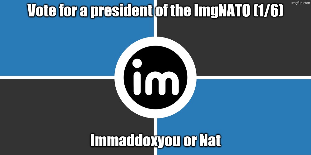 Flag of the ImgNATO by NouBlacksmith | Vote for a president of the ImgNATO (1/6); Immaddoxyou or Nat | image tagged in flag of the imgnato by noublacksmith | made w/ Imgflip meme maker