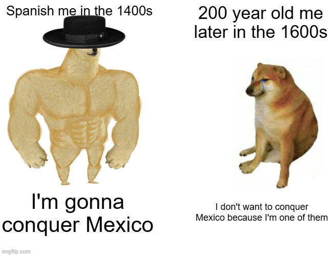 Spanish Doge vs Mexican Cheems | Spanish me in the 1400s; 200 year old me later in the 1600s; I'm gonna conquer Mexico; I don't want to conquer Mexico because I'm one of them | image tagged in memes,buff doge vs cheems | made w/ Imgflip meme maker