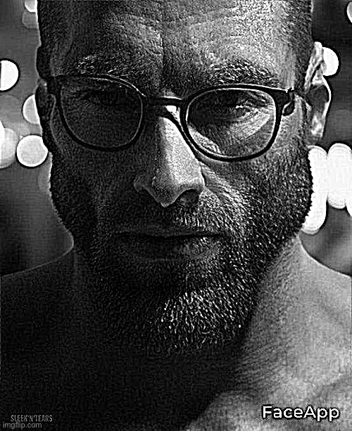 reposting the same image but sharpened is not funny | image tagged in gigachad staring with glasses | made w/ Imgflip meme maker