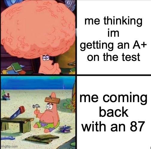 B | me thinking im getting an A+ on the test; me coming back with an 87 | image tagged in patrick big brain | made w/ Imgflip meme maker