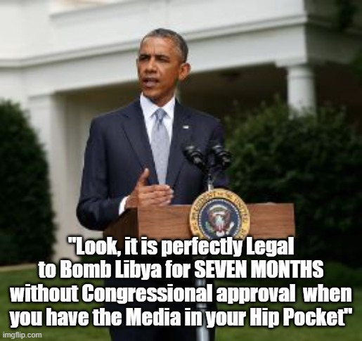 Don't think Qaddafi approved either | "Look, it is perfectly Legal to Bomb Libya for SEVEN MONTHS without Congressional approval  when you have the Media in your Hip Pocket" | image tagged in obama legal bombing libya meme,i do not miss that look shit | made w/ Imgflip meme maker