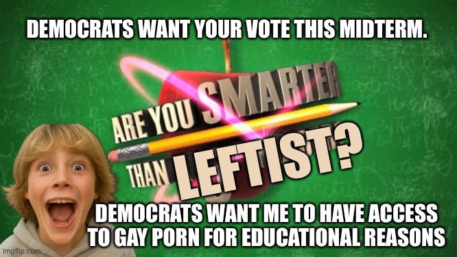 Children shouldn’t have access to any porn. | DEMOCRATS WANT YOUR VOTE THIS MIDTERM. LEFTIST? DEMOCRATS WANT ME TO HAVE ACCESS TO GAY PORN FOR EDUCATIONAL REASONS | image tagged in yes i'm smarter than a 5th grader so are you | made w/ Imgflip meme maker