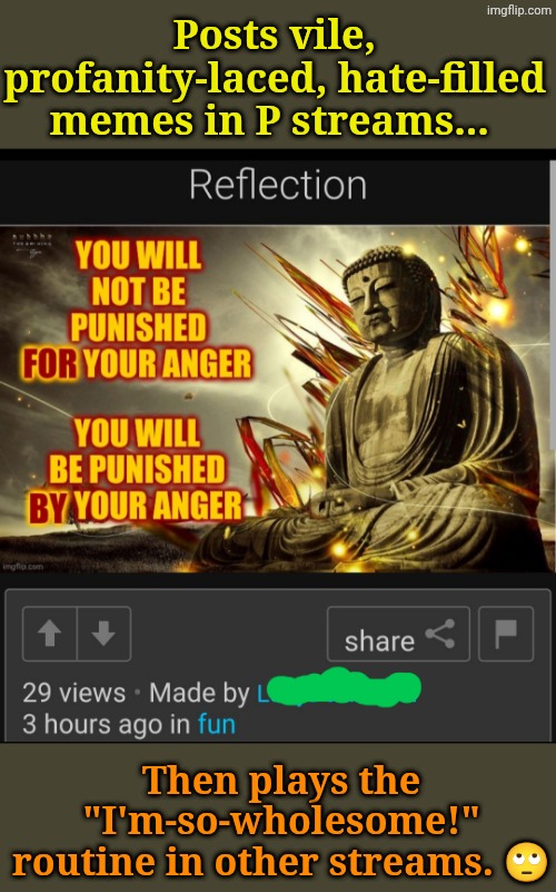 Is it 'Do as I say, not as I do'... Or self-imposed penance? | Posts vile, profanity-laced, hate-filled memes in P streams... Then plays the "I'm-so-wholesome!" routine in other streams. 🙄 | made w/ Imgflip meme maker