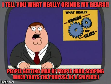 Peter Griffin News Meme | I TELL YOU WHAT REALLY GRINDS MY GEARS!! PEOPLE GETTING MAD OF PEOPLE HARD SCOPING WHEN THATS THE PURPOSE OF A SNIPER!!!! | image tagged in memes,peter griffin news | made w/ Imgflip meme maker