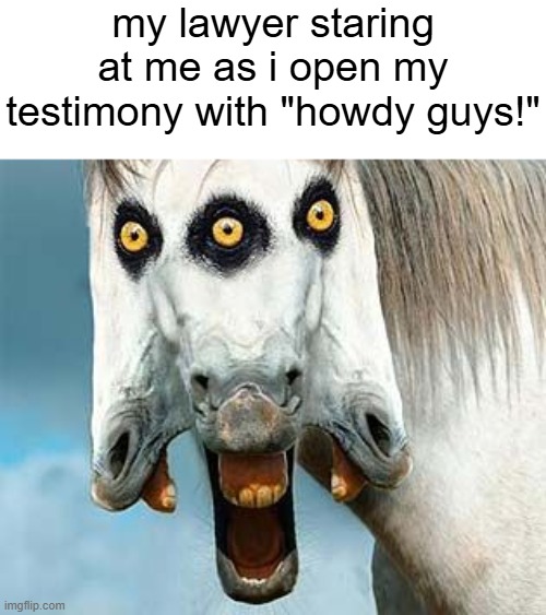 my lawyer staring at me as i open my testimony with "howdy guys!" | made w/ Imgflip meme maker