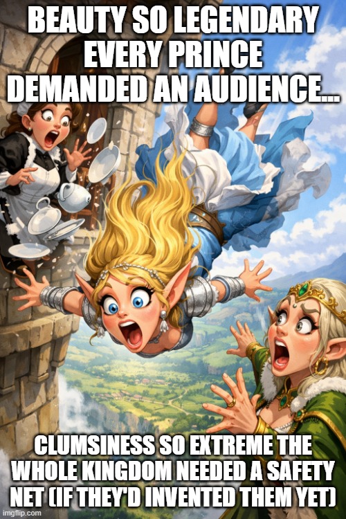 clumsy elf princess | BEAUTY SO LEGENDARY EVERY PRINCE DEMANDED AN AUDIENCE…; CLUMSINESS SO EXTREME THE WHOLE KINGDOM NEEDED A SAFETY NET (IF THEY'D INVENTED THEM YET) | image tagged in clumsy elf princess | made w/ Imgflip meme maker