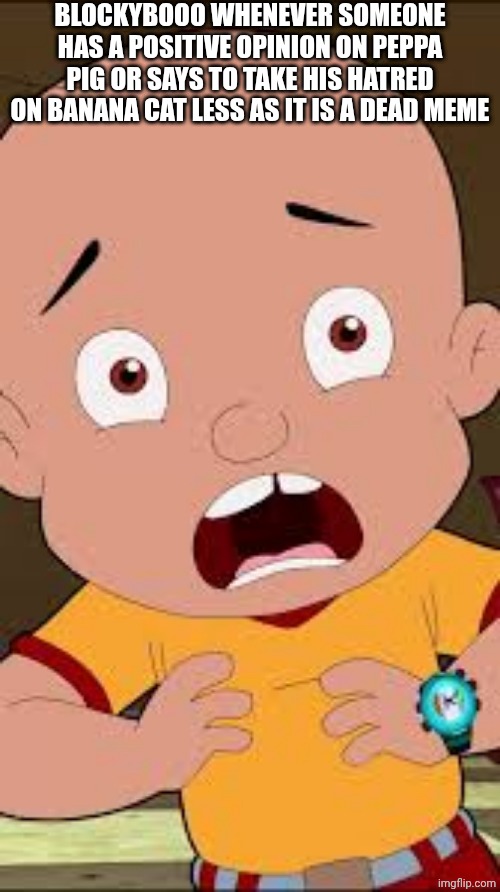 Blockybooo | BLOCKYBOOO WHENEVER SOMEONE HAS A POSITIVE OPINION ON PEPPA PIG OR SAYS TO TAKE HIS HATRED ON BANANA CAT LESS AS IT IS A DEAD MEME | image tagged in bruh moment | made w/ Imgflip meme maker