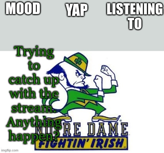 bad text placement | Trying to catch up with the stream. Anything happen? | image tagged in notre_dame_fan102's second announcement temp | made w/ Imgflip meme maker