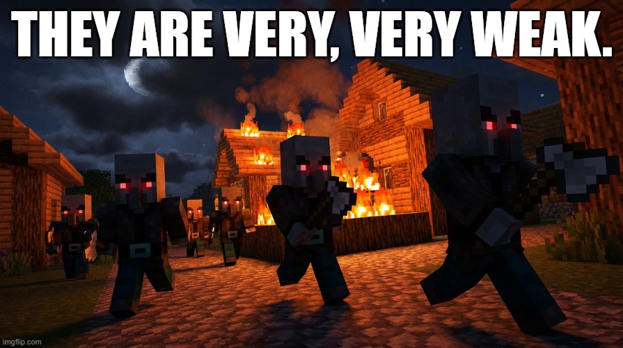 Pillager Raid | THEY ARE VERY, VERY WEAK. | image tagged in pillager raid | made w/ Imgflip meme maker