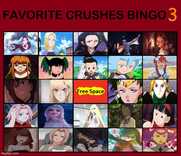 favorite crushes bingo 3 | 3 | image tagged in favorite crushes bingo,bingos,anime,movies,video games,pokemon | made w/ Imgflip meme maker