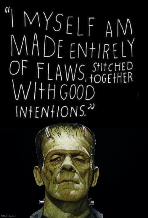 Stitched together with good intentions | image tagged in frankenstein's monster,good | made w/ Imgflip meme maker