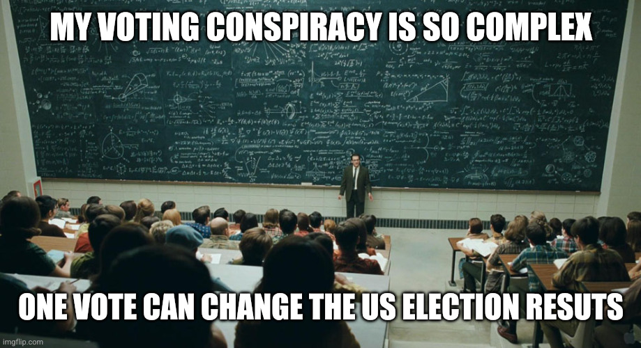 MY VOTING CONSPIRACY IS SO COMPLEX ONE VOTE CAN CHANGE THE US ELECTION RESUTS | image tagged in complex math problem | made w/ Imgflip meme maker