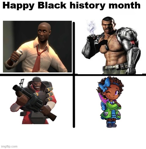 Black characters in gaming(im late) | Happy Black history month | image tagged in black history month,mortal kombat,team fortress 2,left 4 dead,a hat in time | made w/ Imgflip meme maker