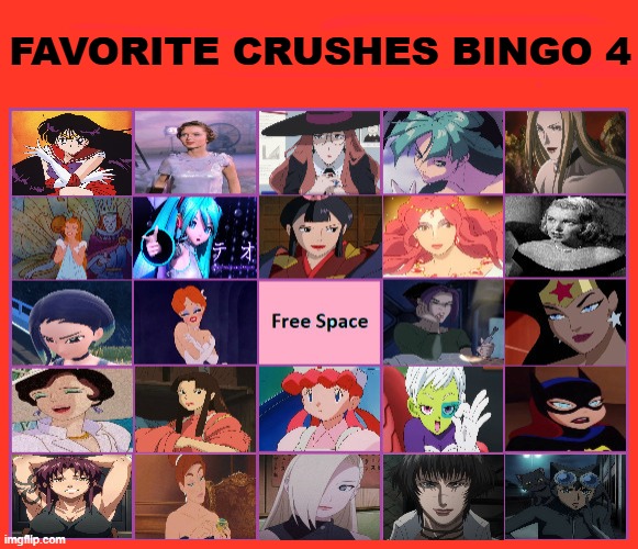 favorite crushes bingo 4 | FAVORITE CRUSHES BINGO 4 | image tagged in favorite crushes bingo,bingos,anime,movies,studio ghibli,classic movies | made w/ Imgflip meme maker