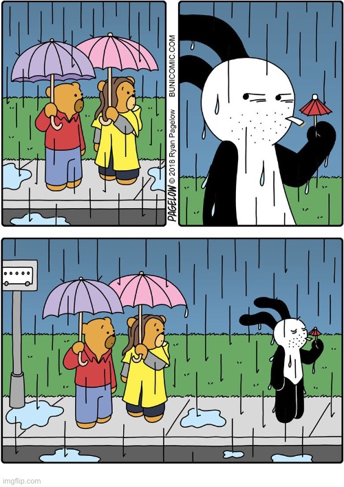 Buni Comics | image tagged in comics,buni comics,raining,bears,cigarette,umbrella | made w/ Imgflip meme maker