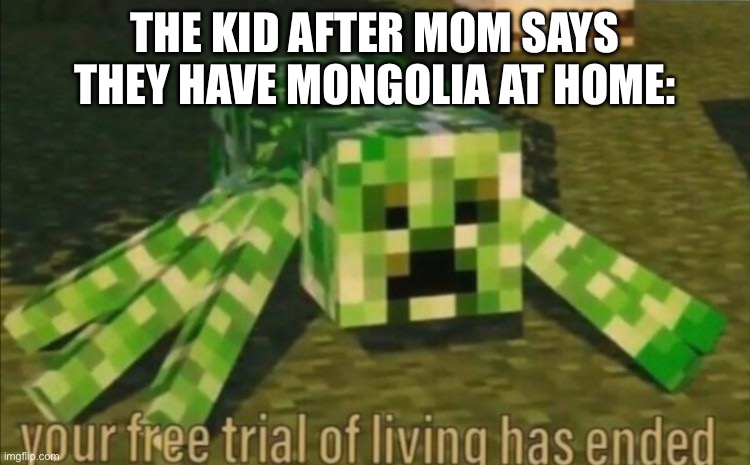 THE KID AFTER MOM SAYS THEY HAVE MONGOLIA AT HOME: | image tagged in your free trial of living has ended | made w/ Imgflip meme maker