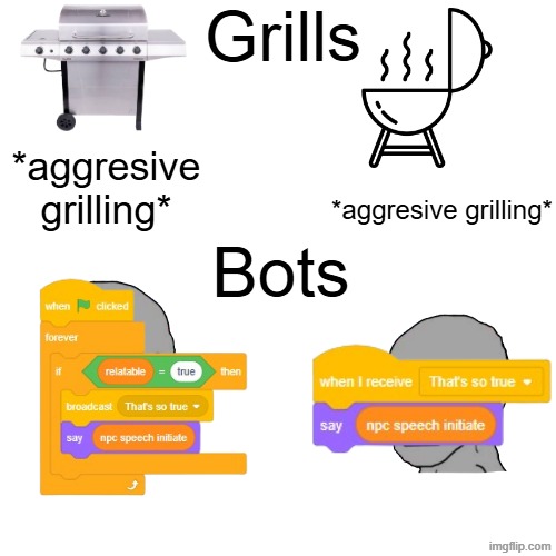 autocorrect moment | Grills; *aggresive grilling*; *aggresive grilling*; Bots | image tagged in boys vs girls,girls vs boys,autocorrect,grill,scratch | made w/ Imgflip meme maker