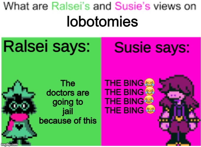 the bing | lobotomies; The doctors are going to jail because of this; THE BING    
THE BING    
THE BING    
THE BING | image tagged in deltarune opinions,the bing,deltarune | made w/ Imgflip meme maker