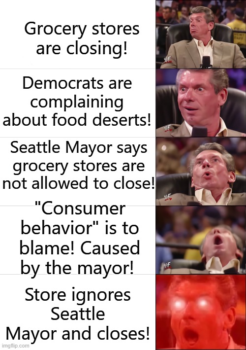 Seattle mayor says grocery store is not allowed to close! Store, FAFO and closes! | Grocery stores are closing! Democrats are complaining about food deserts! Seattle Mayor says grocery stores are not allowed to close! "Consumer behavior" is to blame! Caused by the mayor! Store ignores Seattle Mayor and closes! | image tagged in sam elliott special kind of stupid | made w/ Imgflip meme maker