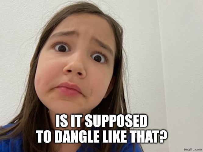 Despairing girl | IS IT SUPPOSED TO DANGLE LIKE THAT? | image tagged in despairing girl | made w/ Imgflip meme maker
