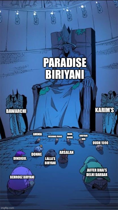 Biriyani Legacy of India | PARADISE BIRIYANI; BAWARCHI; KARIM’S; AMINIA; BIRIYANI BOX; DADA BOUDI; MEGHANA FOODS; OUDH 1590; DONNE; ARSALAN; DINDIGUL; LALLA’S BIRYANI; JAFFER BHAI’S DELHI DARBAR; BEHROUZ BIRYANI | image tagged in statue of god | made w/ Imgflip meme maker