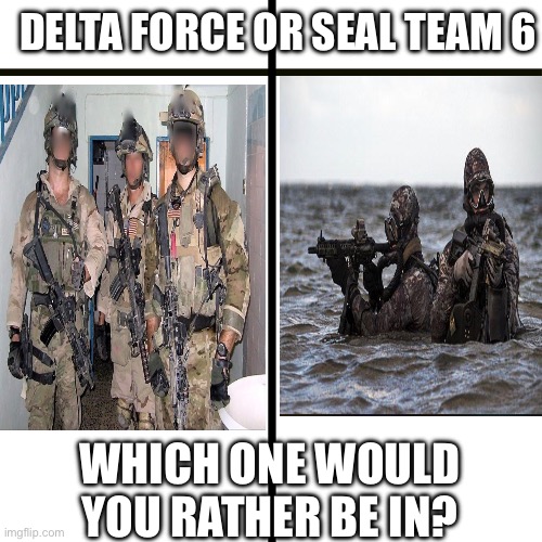 I don’t want upvotes I just like to read comments and people’s opinions | DELTA FORCE OR SEAL TEAM 6; WHICH ONE WOULD YOU RATHER BE IN? | image tagged in military | made w/ Imgflip meme maker