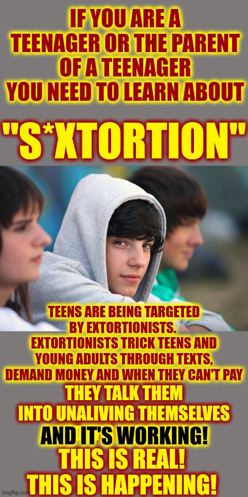 This Is Real.  This Is Happening.  Be Careful Out There! | IF YOU ARE A TEENAGER OR THE PARENT OF A TEENAGER YOU NEED TO LEARN ABOUT; "S*XTORTION"; TEENS ARE BEING TARGETED BY EXTORTIONISTS.  EXTORTIONISTS TRICK TEENS AND YOUNG ADULTS THROUGH TEXTS, DEMAND MONEY AND WHEN THEY CAN'T PAY; THEY TALK THEM INTO UNALIVING THEMSELVES
AND IT'S WORKING! AND IT'S WORKING! THIS IS REAL!  THIS IS HAPPENING! | image tagged in teenage boy in hoodie,memes,public service announcement,psa,knowledge is power,now you know and knowing is half the battle | made w/ Imgflip meme maker