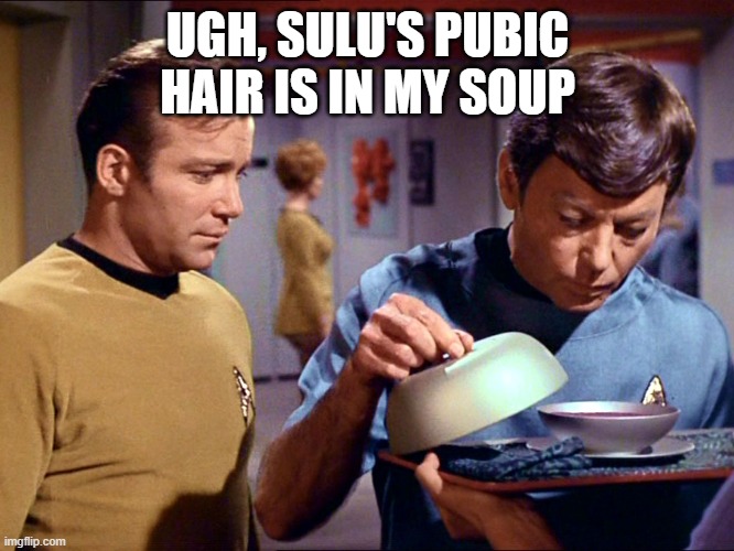 Hair in My Soup | UGH, SULU'S PUBIC HAIR IS IN MY SOUP | image tagged in bones soup | made w/ Imgflip meme maker
