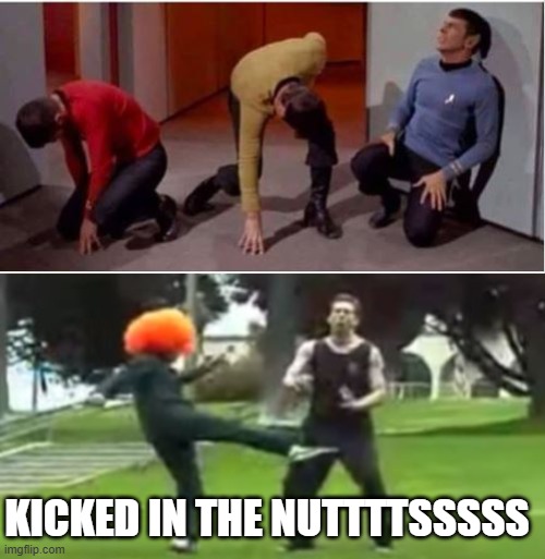 My Friend, You Just Got Kicked in the Nuts | KICKED IN THE NUTTTTSSSSS | image tagged in star trek pained,kicked in the nuts | made w/ Imgflip meme maker