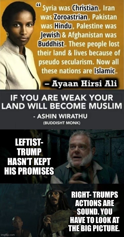 History has a way of getting in the way of ideology. | LEFTIST- TRUMP HASN’T KEPT HIS PROMISES; RIGHT- TRUMPS ACTIONS ARE SOUND. YOU HAVE TO LOOK AT THE BIG PICTURE. | image tagged in sparrow has a picture of key | made w/ Imgflip meme maker