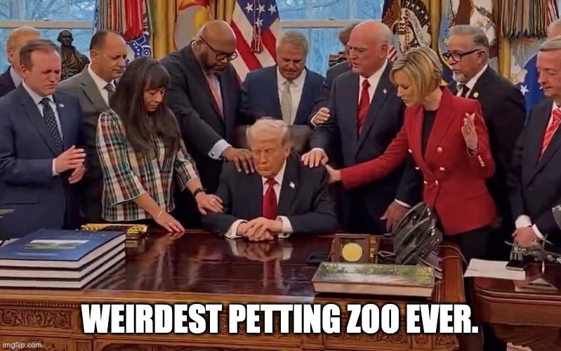 Most un-Christian thing too -- the new golden calf? | WEIRDEST PETTING ZOO EVER. | image tagged in trump evangelic prayer,donald trump,maga,messiah,american idol | made w/ Imgflip meme maker