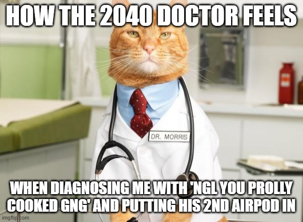 Mother approved! | HOW THE 2040 DOCTOR FEELS; WHEN DIAGNOSING ME WITH 'NGL YOU PROLLY COOKED GNG' AND PUTTING HIS 2ND AIRPOD IN | image tagged in cat doctor | made w/ Imgflip meme maker