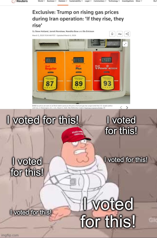 At least the libs got owned. | I voted for this! I voted for this! I voted for this! I voted for this! I voted for this! I voted for this! | image tagged in peter griffin straightjacket,donald trump,iran,gas prices,war on terror | made w/ Imgflip meme maker