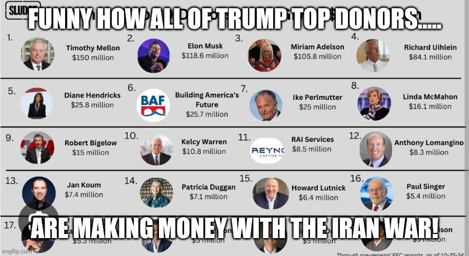 Making some $$ | FUNNY HOW ALL OF TRUMP TOP DONORS..... ARE MAKING MONEY WITH THE IRAN WAR! | image tagged in donald trump,trump,iran,israel,middle east,nevertrump | made w/ Imgflip meme maker