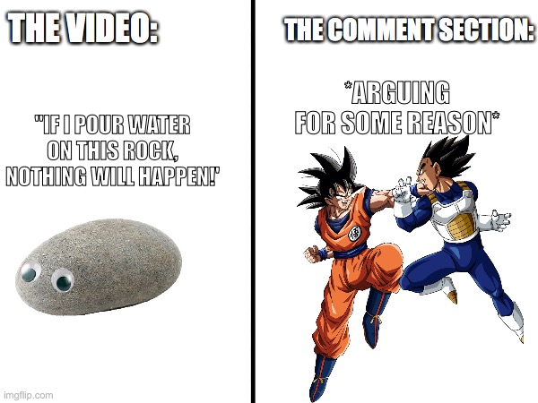 The video ain't that serious, dude | THE COMMENT SECTION:; THE VIDEO:; *ARGUING FOR SOME REASON*; "IF I POUR WATER ON THIS ROCK, NOTHING WILL HAPPEN!' | image tagged in oh wow are you actually reading these tags | made w/ Imgflip meme maker