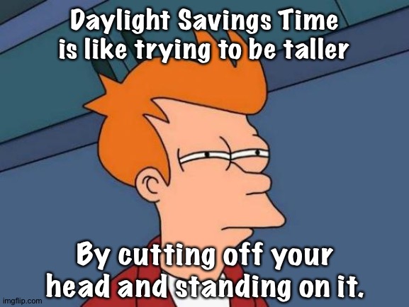 You don't gain anything, you just relocate it. | Daylight Savings Time is like trying to be taller; By cutting off your head and standing on it. | image tagged in memes,futurama fry | made w/ Imgflip meme maker