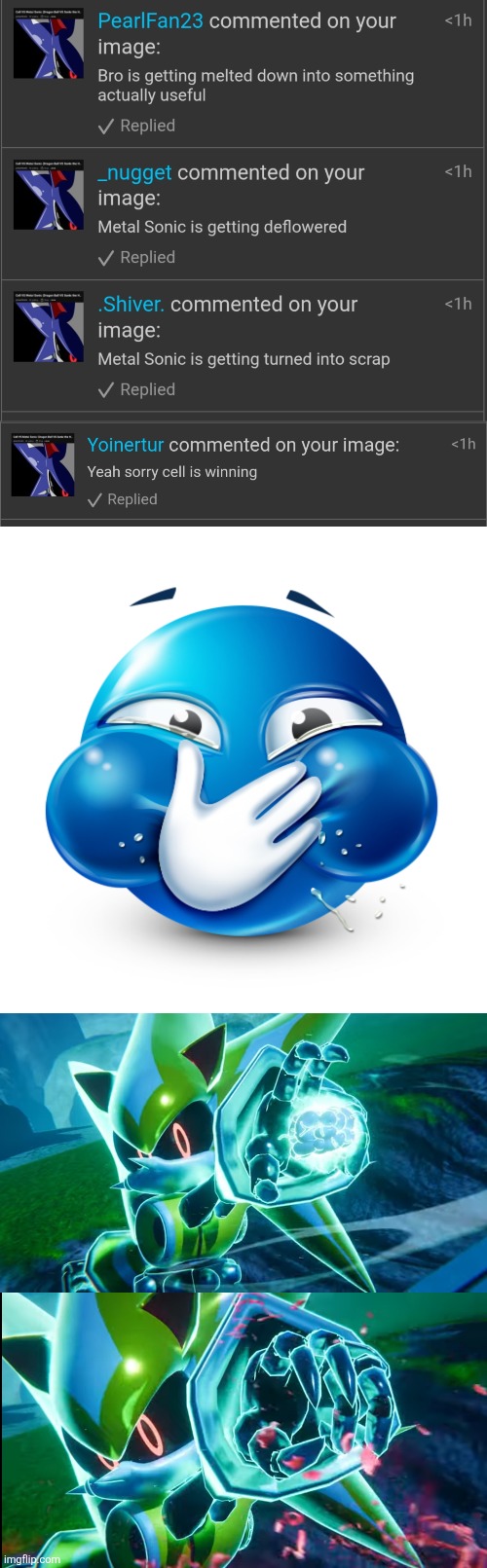 spoilers for the new Metal Sonic VS Perfect Cell Death Battle if you care btw | image tagged in blue emoji laughing | made w/ Imgflip meme maker